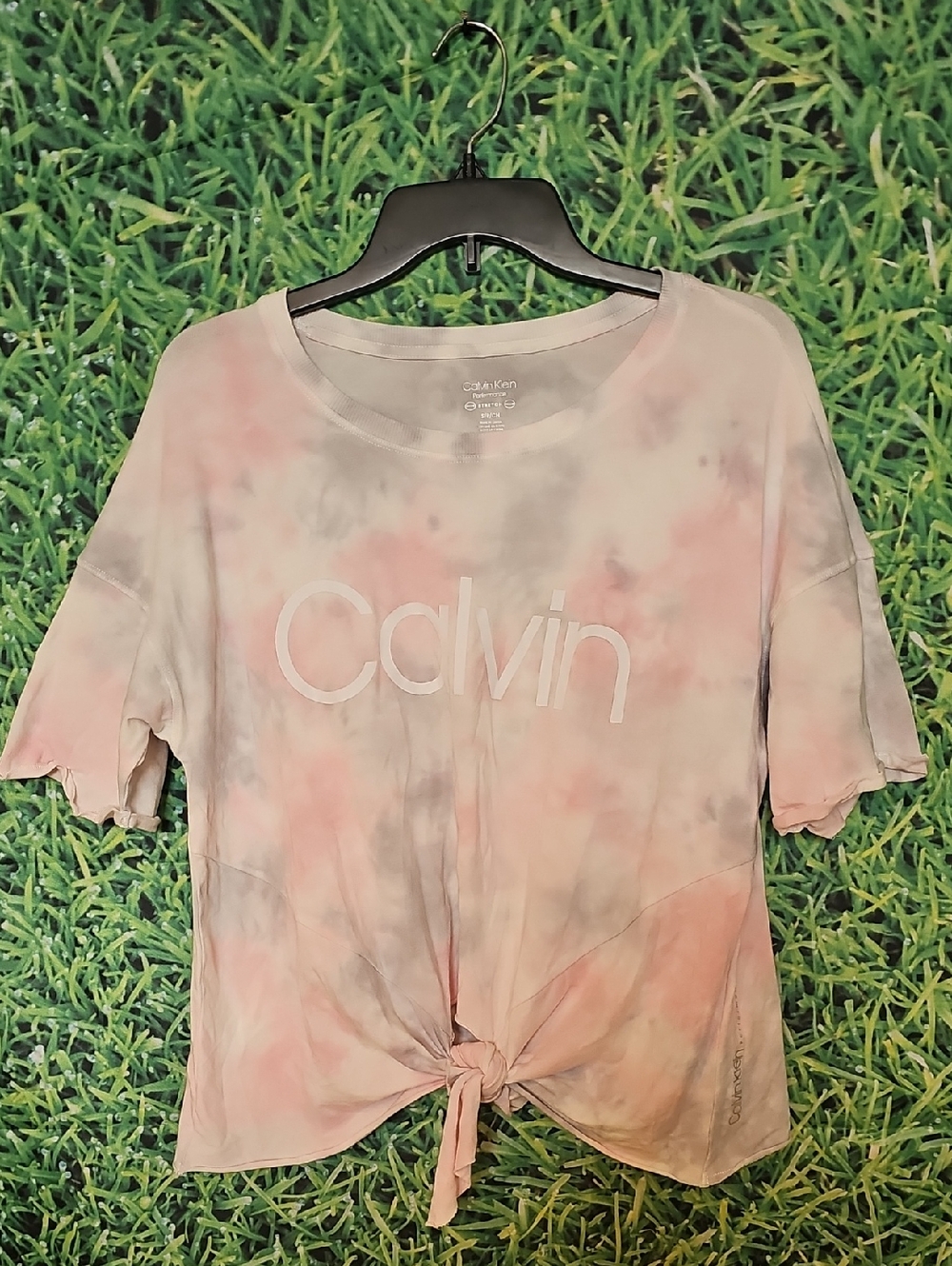 Calvin Klein Pink and Gray Tie-Dye Short Sleeve Knot Front Tee